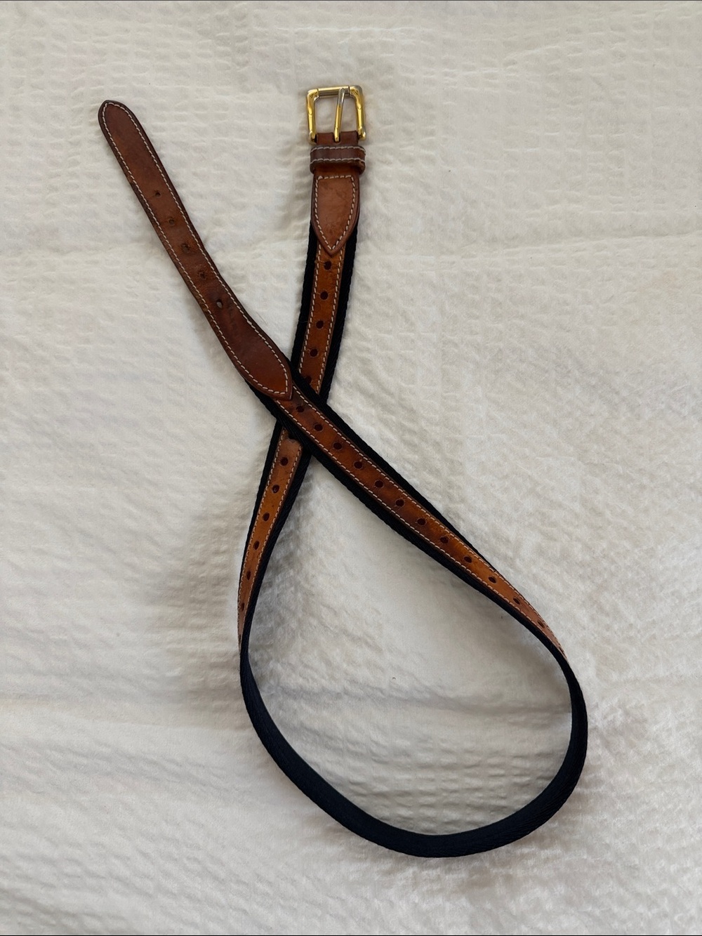 VINTAGE Longhi Men's Tan Leather-Trim Belt with navy fabric and Gold Buckle